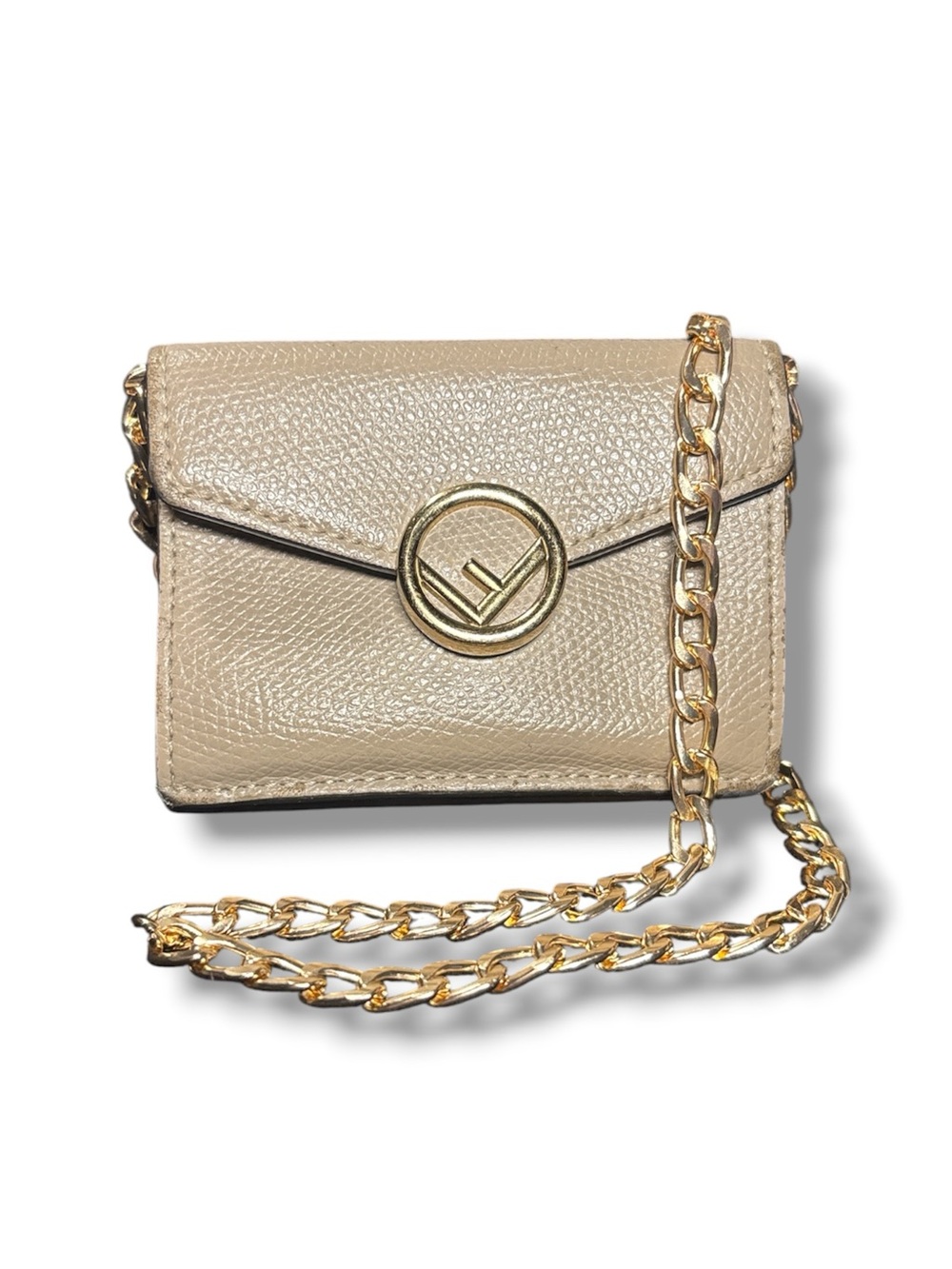 Fendi Tortora Gray Leather F Is Fendi Micro Trifold Wallet Chain Card Case Italy